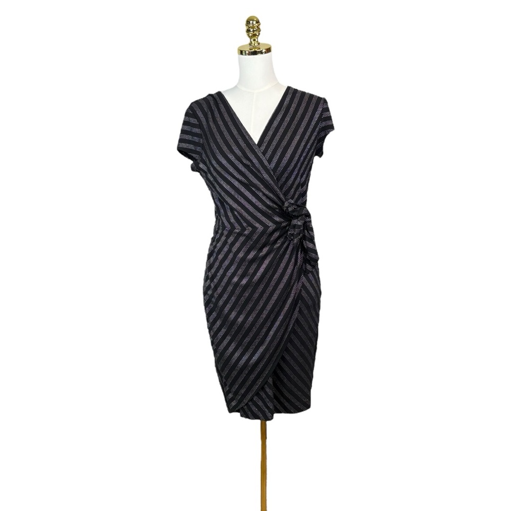 NWT Cache stretchy black with silver stripes wrap dress size M